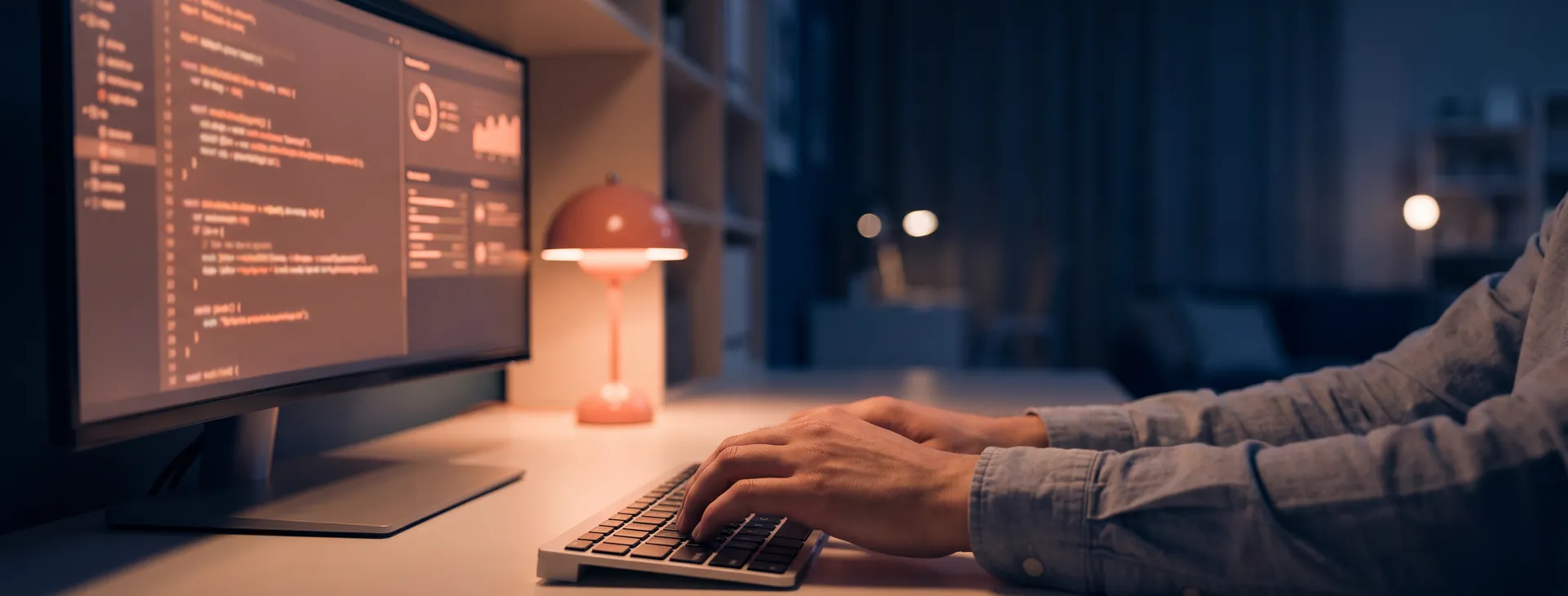 Werkplek bij avond: iemand bouwt software, monitor met code, navy en koraal